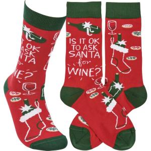 image:imagePrimitives by Kathy Novelty Socks Colorful Woven Design Wine BottlesChristmas Cookieshumorous sentiment that reads Is It Ok To Ask Santa For Wine Cotton nylon spandex One size LOL Collection