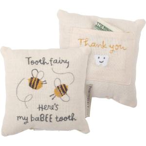 image:imagePrimitives by Kathy Dear Tooth Fairy Stop Here Mini Tooth Pillow 5x5Inch Cotton Blend Blue Embroidered Keepsake with Storage Pocket and Tooth Design on FrontMy Babee Tooth