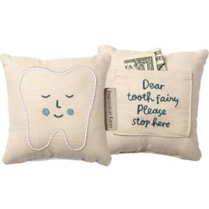 image:imagePrimitives by Kathy Dear Tooth Fairy Stop Here Mini Tooth Pillow 5x5Inch Cotton Blend Blue Embroidered Keepsake with Storage Pocket and Tooth Design on FrontTooth Fairy Pillow Blue