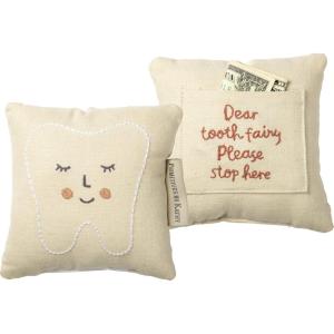 image:imagePrimitives by Kathy Dear Tooth Fairy Stop Here Mini Tooth Pillow 5x5Inch Cotton Blend Blue Embroidered Keepsake with Storage Pocket and Tooth Design on FrontPink