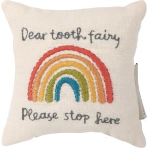 image:imagePrimitives by Kathy Dear Tooth Fairy Stop Here Mini Tooth Pillow 5x5Inch Cotton Blend Blue Embroidered Keepsake with Storage Pocket and Tooth Design on FrontRainbow