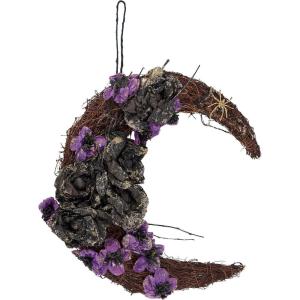 image:imagePrimitives by Kathy Moody Moon Wreath  14 x 17 Seasonal Halloween Decor Rattan Crescent with Black and Purple Faux Florals Gold Glitter Details and Gold Spider