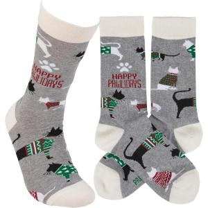 image:imagePrimitives by Kathy Novelty Socks colorful socks feature woven designs with coordinating Happy Pawlidays seasonal pet cat themed giftCotton nylon spandex One size fits most LOL Collection