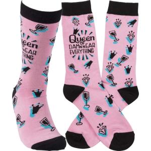 image:imagePrimitives by Kathy Novelty Socks colorful socks feature woven designs with coordinating Queen Of Damn Near Everything sentiment Cotton nylon spandex One size fits most LOL Collection