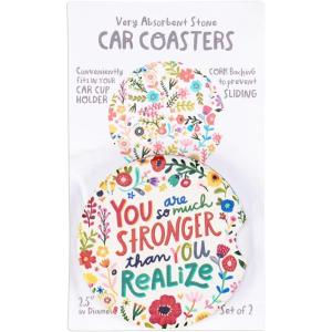image:imagePrimitives by Kathy So Much Stronger Car Coasters with Bright Botanical Floral Design Set of 2