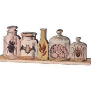 image:imagePrimitives by Kathy Chunky Sitter  Brew Bottles Cut in The Shape of a Set of Bottles displaying Vintage Art of Various Potion Brew Ingredients