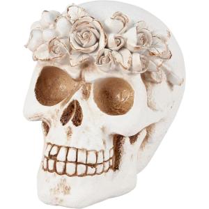 image:imagePrimitives by Kathy Floral Skull Figurine  Romantic Halloween Resin Skull with Floral Crown and Metallic Bronze Accents