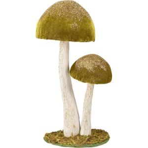 image:imagePrimitives by Kathy Mushroom Sitter two green foam mushrooms uniquely detailedvelvet glitter accentsnatural foliage detail basenature themed home accent for seasonaleverydaygarden decorgfitable