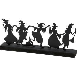 image:imagePrimitives by Kathy Sitter  Dancing Witches Decorative Sitter from Our Halloween Collection Featuring a Black Metal Cutout of Witches Dancing Around a fire Attached to a Coordinating Black Wood Base