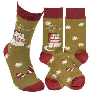 image:imagePrimitives by Kathy Novelty Cat Socks colorful woven design sassy cat in Santa hatbroken ornament fun petthemed sentiment Feliz Naughty Cat Cotton nylon spandex One size LOL Collection