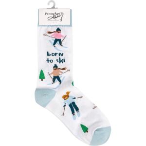image:imagePrimitives by Kathy Novelty Socks  colorful socks feature woven designs with coordinating Born To Ski sentiment Cotton nylon spandex One size fits most LOL Collection