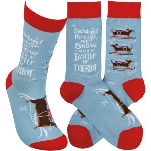 image:imagePrimitives by Kathy Novelty Socks Colorful Woven Design with coordinating Dachshund Through The Snow With A Bottle Of Merlot sentimentpet themeCotton nylon spandex One size LOL Collection