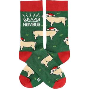 image:imagePrimitives by Kathy Novelty Socks Colorful Woven Socks playful hand illustrated sheep in Santa hatsfun seasonal sentiment Baaaa Humbug Cotton nylon spandex One size fits most LOL Collection