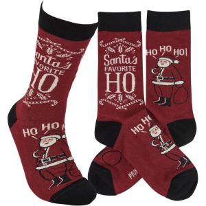 image:imagePrimitives by Kathy Novelty Socks Colorful Woven design of Santa saying Ho Ho Ho with fun seasonal sentiment Santas Favorite Ho Cotton nylon spandex One size fits most LOL Collection