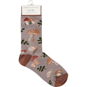 image:imagePrimitives by Kathy Novelty Socks Cottage Core style design of mushrooms snails in earthy color palette gift for gardener mushroom nature lover Cotton nylon spandex one size LOL Collection
