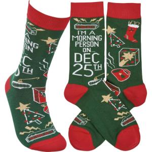 image:imagePrimitives by Kathy Novelty Socks colorful socks feature woven Christmas design with coordinating Im A Morning Person On Dec 25th Cotton nylon spandex One size fits most LOL Collection