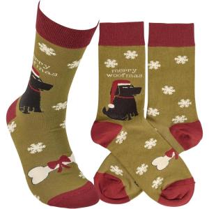 image:imagePrimitives by Kathy Novelty Socks colorful socks feature woven designscoordinating pet themed Merry Woofmas sentiment Cotton nylon spandex One size fits most LOL CollectionDog lover gift