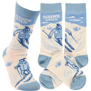 image:imagePrimitives by Kathy Novelty Socks colorful socks playful hand illustrated design skiersmountain slopeswinter ski sentiment Awesome Skier CottonnylonspandexOne size fits most LOL Collection