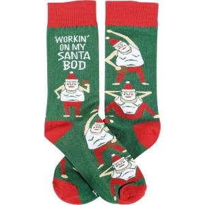 image:imagePrimitives by Kathy Novelty Socks colorful socks playful hand illustrated designSanta exercising holding a cookiehumorous Workin On My Santa Bod Cotton nylon spandex One sizeLOL Collection
