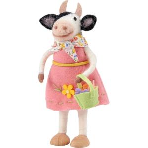 image:imagePrimitives by Kathy Flower Basket Cow Collectible Felt Critter 575inch Spring Cow Figurine with Pink Fabric Dress amp Scarf  Whimsical Spring amp Easter Tiered Tray Shelf or Tablescape Home Decor