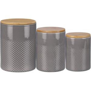 image:imagePBK Farmhouse Syle Set of 3 Gray Glaze Design Stoneware Canisters With Wooden Lids