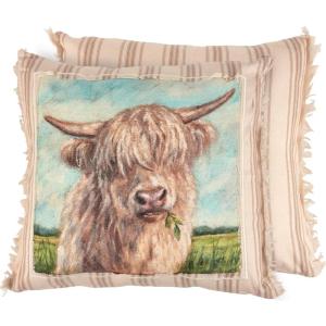 image:imagePrimitives by Kathy Decorative Pillow  Highland CowZipper CoverFarmhouse CollectionFeaturing a Stitched Art PanelFrayed BorderRusticHomesteadThrow PillowCouchOffice DecorfarmlifeCream
