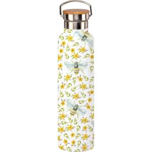 image:imagePrimitives by Kathy Stylish Bee amp Flowers Metal Bottle 25 oz Stainless Steel Insulated Bottle with Bamboo Top Lid and Metal Handle for Travel Keep Drinks Cold for 24 Hours Hot for 12 HoursMulticolor