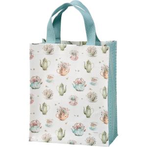 image:imagePrimitives by Kathy Daily Tote  displaying designs of hand painted tea cups tea pots and tea kettles full of flowers all in a delicate watercolor style