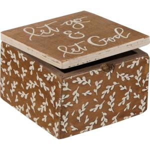 image:imagePrimitives by Kathy Stylish Prayer Box Embossed Let Go amp Let God Sentiment and Leaf Pattern Natural Wood Box with Hinged Lid Faith Gift Ideas 4 by 4 Inches Keepsake Storage