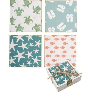 image:imagePrimitives by Kathy Coaster Set  4 Wooden Coasters Each with a Unique Beach Themed Design Includes Wire Holder