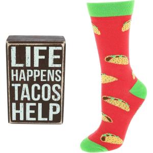 image:imagePrimitives by Kathy Decorative Box Sign amp Pair of Socks Gift Set  Life Happens Tacos Help