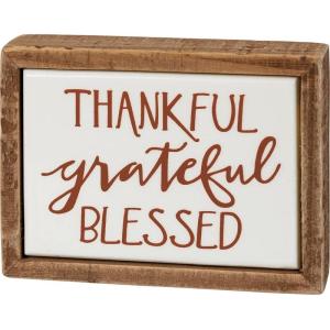 image:imagePrimitives by Kathy Mini Wooden Box Sign 4 x 3inch Thankful Grateful Blessed hand illustrated in a brown tile like finish natural wood frame  Fall Harvest home decor for wall shelf or tablescape display