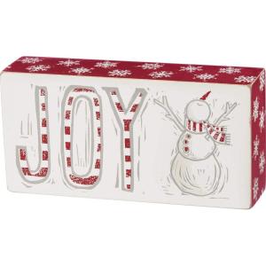 image:imagePrimitives by Kathy Christmas Block Sign  Joy Snowman White Red Silver Christmasthemed with happy snowman design and replicated snowflake patterned trim