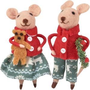 image:imagePrimitives by Kathy Christmas Day Mice Collectible Critter Set Two Felt mice with Festive Christmas OutfitsHolding Cute Accents of Gingerbread Cookie and Felt Berry Wreath