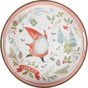 image:imagePrimitives by Kathy Decorative Tray  Round Metal Holiday Tray Featuring Hand Painted Design of a Christmas Gnome ice Skating Surrounded by Holiday Greenery with Red Gingham Pattern