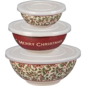 image:imagePrimitives by Kathy Nesting Bamboo Lidded BowlsSet of 3Vintageinspired Christmas designsone bowl double sided Merry Christmaswrap around holly patternincludes plastic lidsservewarefood storage