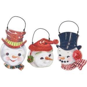 image:imagePrimitives by Kathy Vintage White Snowmen Hanging Christmas Ornament Charming Set Snowman Head Design Christmas Wooden Decorative Ornament Set of 3