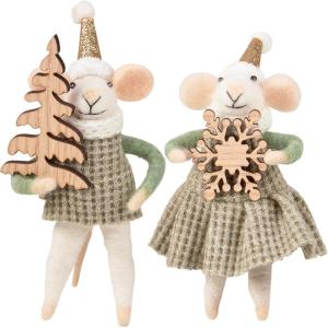 image:imagePrimitives by Kathy Winter Mice Felt Collectible Critter Set 6Inch Handmade Wool Mice Duo with Glitter Hats Holding Wooden Tree amp Snowflake Winterscape Tiered Tray amp Tree Decor