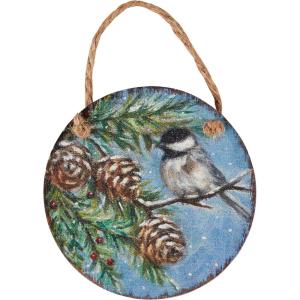 image:imagePrimitives by Kathy Wooden Ornament Winter Chickadee Scene replicated from Original Artwork Unique Design Texture Jute Hanger adds Rustic Seasonal Feel Display with Other Ornaments in Collection