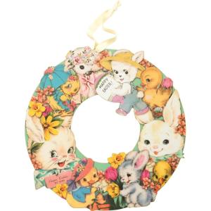 image:imagePrimitives by Kathy  Happy Easter Wreath Vintage Inspired Wooden Decorative Wreath with Retro Bunny Lamb Duckling and Flower Illustrations