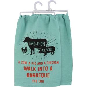 image:imagePrimitives by Kathy A Cow A Pig and A Chicken Walk Into A Barbeque The End Decorative Kitchen TowelBlue