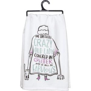 image:imagePrimitives by Kathy LOL Made You Smile Dish Towel 28 x 28 CottonWhite BlackCrazy Old Lady Covered in Glitter