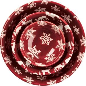 image:imagePrimitives by Kathy Bowl Set  Stoneware Set of 3 Red amp White Snowflake amp Deer Christmas Design