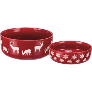 image:imagePrimitives by Kathy Bowl Set  set of two red stoneware bowls featuring debossed white deer designs on one bowl and snowflake designs on the other