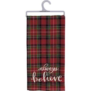 image:imagePrimitives by Kathy Decorative Kitchen Towel  Always Believe Embroidered on an All Over Christmas Plaid Design