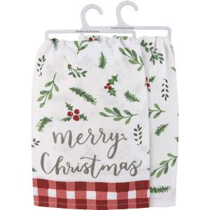 image:imagePrimitives by Kathy Decorative Kitchen Towel  Hand Illustrated Merry Christmas Sentiment with Allover Design of Holiday Greenery with red amp White Plaid Trimming
