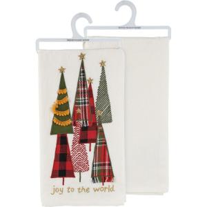 image:imagePrimitives by Kathy Decorative Kitchen Towel  Joy to The World Sentiment Festive Holiday Tree Designs with Embroidered Accents Plaid poms