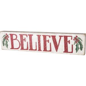 image:imagePrimitives by Kathy Distressed Red and White Slat Box Sign Believe