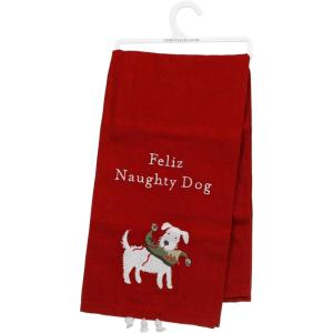 image:imagePrimitives by Kathy Red CottonLinen Feliz Naughty Dog Dish Towel Fun Seasonal pet Themed SentimentEmbroidered DesignKitchen Decor Accessorypet Dog Lover Gift