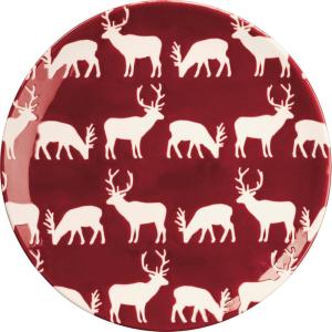 image:imagePrimitives by Kathy Red Stoneware Salad Plate featuring a white winter deer design